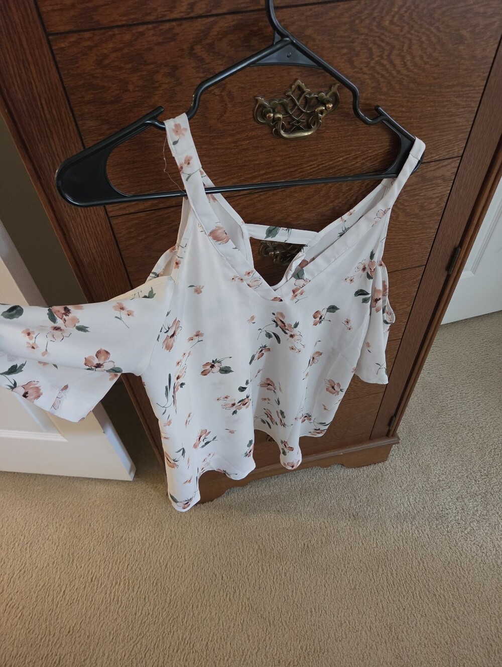 Sienna Sky White Cold-Shoulder Floral Blouse with Peach Accents